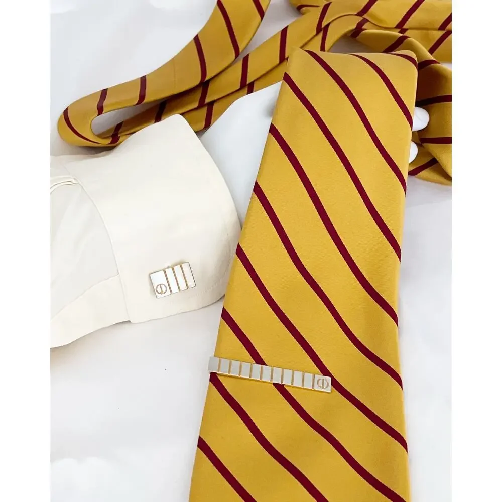 DUNHILL Vintagex Silver Gold Two Tone Lined Logo Rectangular Cufflinks 2 Tie Bar